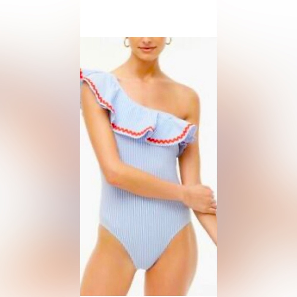New J. Crew Blue and White Striped One-Shoulder Swimsuit! Too big for me! - Picture 2 of 11